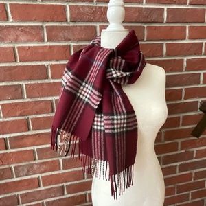 •Wool Burgundy Black White Plaid Fringed Scarf 11”x56”